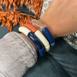 Bracelet jonc élastiqué IBUINA 1 - Bleu Brique écaille & crème