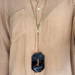 Collier Sautoir Or Cravate  - Pendentif octogonal Ecaille marron