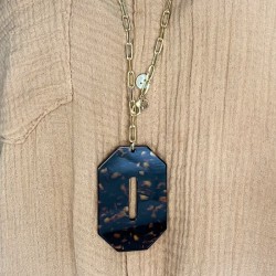 Collier Sautoir Or Cravate  - Pendentif octogonal Ecaille marron