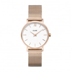 Montre Minuit Mesh Rose Gold, cadran rond blanc & bracelet milanais - CLUSE