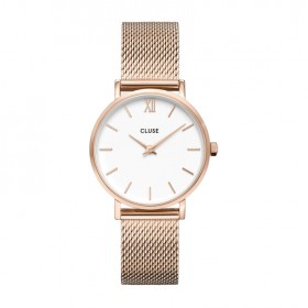 Montre Minuit Mesh Rose Gold, cadran rond blanc & bracelet milanais - CLUSE