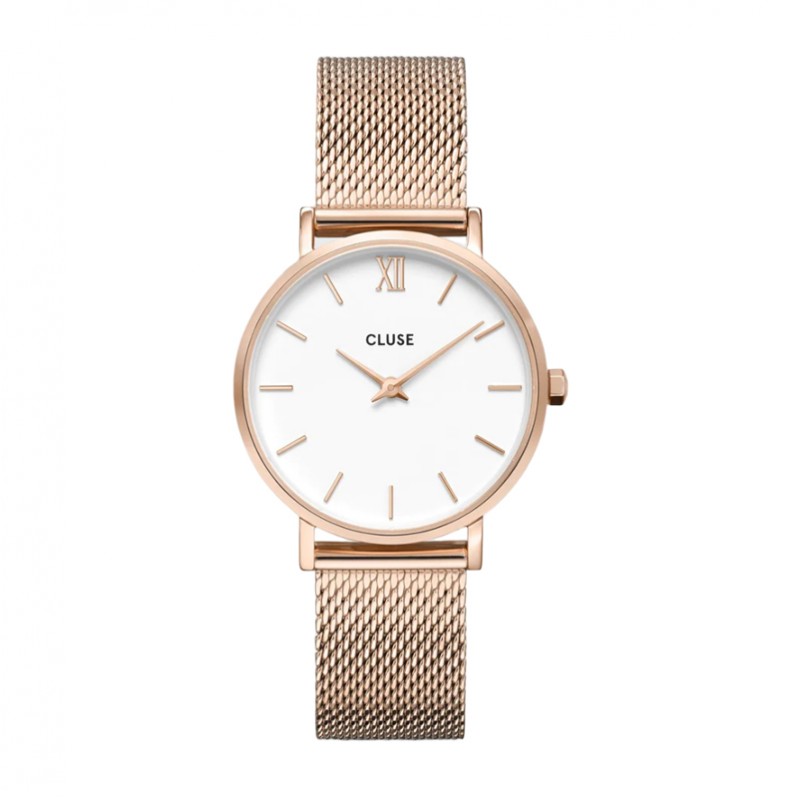 Montre Minuit Mesh Rose Gold, cadran rond blanc & bracelet milanais - CLUSE Montre Minuit Mesh Rose Gold, cadran rond blanc & bracelet milanais - CLUSE