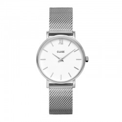 Montre Minuit Mesh Silver, cadran rond blanc & bracelet milanais - CLUSE