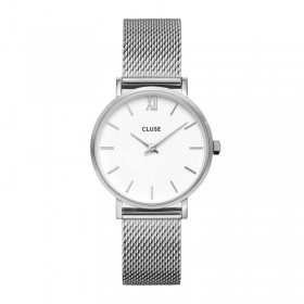 Montre Minuit Mesh Silver, cadran rond blanc & bracelet milanais - CLUSE