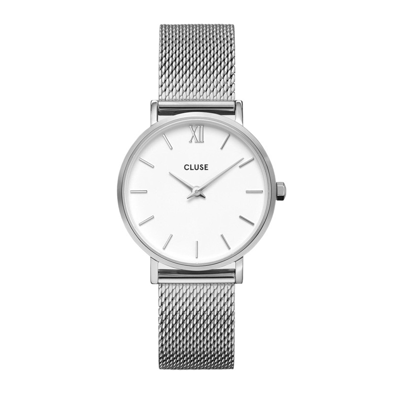 Montre Minuit Mesh Silver, cadran rond blanc & bracelet milanais - CLUSE