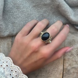 Bague large ethnique argent laiton doré Onyx ovale & Perles blanches TAILLE 58