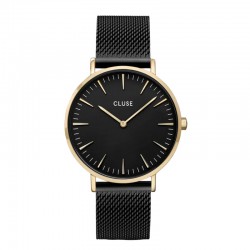 Montre Boho Chic Mesh Black, couleur or, cadran rond noir & bracelet milanais - CLUSE