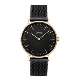Montre Boho Chic Mesh Black, couleur or, cadran rond noir & bracelet milanais - CLUSE