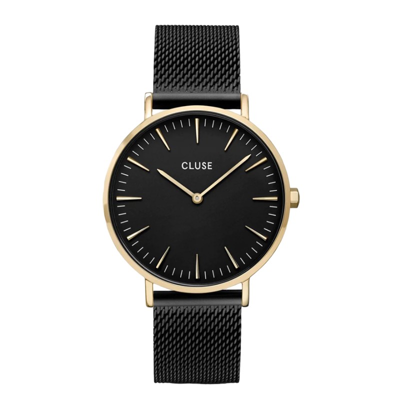 Montre Boho Chic Mesh Black, couleur or, cadran rond noir & bracelet milanais - CLUSE Montre Boho Chic Mesh Black, couleur or, cadran rond noir & bracelet milanais - CLUSE