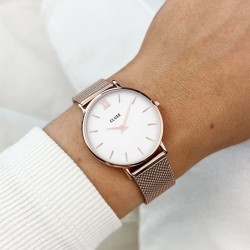 Montre Minuit Mesh Rose Gold, cadran rond blanc & bracelet milanais