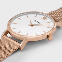 Montre Minuit Mesh Rose Gold, cadran rond blanc & bracelet milanais
