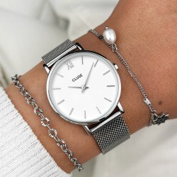 Montre Minuit Mesh Silver, cadran rond blanc & bracelet milanais