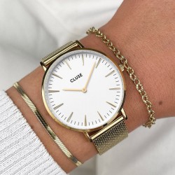 Montre Boho Chic Mesh, Gold, cadran rond blanc & bracelet milanais