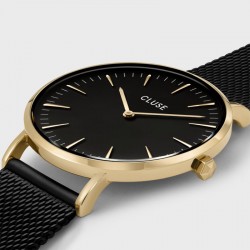 Montre Boho Chic Mesh Black, cadran rond noir et or & bracelet milanais