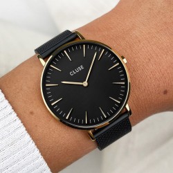 Montre Boho Chic Mesh Black, cadran rond noir et or & bracelet milanais
