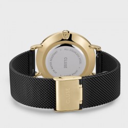 Montre Boho Chic Mesh Black, cadran rond noir et or & bracelet milanais