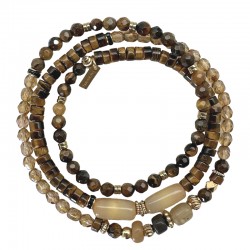 Bracelet multitours JUNE BRUN doré - Oeil de tigre & Cristal de bohème BY GARANCE