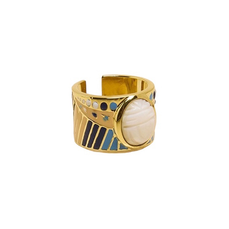 Bague large ajustable TANZA dorée - Barrettes multicolores & Nacre UNE A UNE Bague large ajustable TANZA dorée - Barrettes multicolores & Nacre UNE A UNE