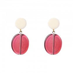 Boucles d'oreilles pendantes LILI - Disque ivoire & Ovale en verre rose - Chix Alors !