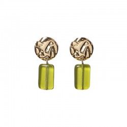 Boucles d'oreilles SUNNI VERT DORE - Cabochon rond & perle de verre
