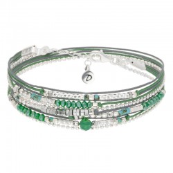 Bracelet multitours ATLANTA argent - Cordons & Perles vert kaki - DORIANE Bijoux