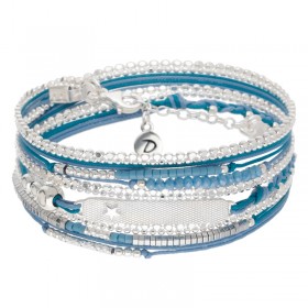 Bracelet fin élastiqué 3 TOURS BLEU Argent - Cordons, perles & Plaque étoile - DORIANE Bijoux