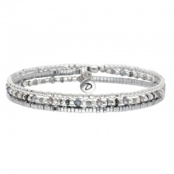 Bracelet multi tours élastiqué HEAVEN argent - Perles grises & Hématites - DORIAN Bijoux