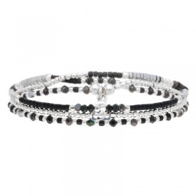 Bracelet multi tours élastiqué SANTA-GIULIA argent - Perles noires & Hématites - DORIANE Bijoux