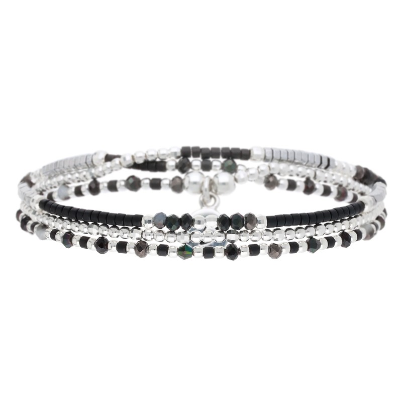 Bracelet multi tours élastiqué SANTA-GIULIA argent - Perles noires & Hématites - DORIANE Bijoux