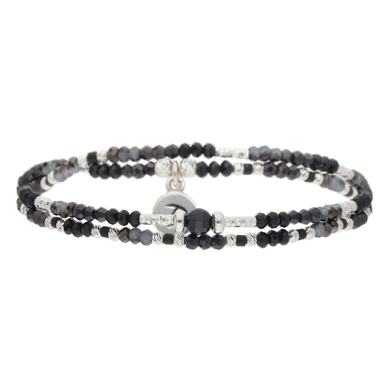 Bracelet multi tours élastiqué SALECCIA argent - Perles noires brillantes - DORIANE Bijoux