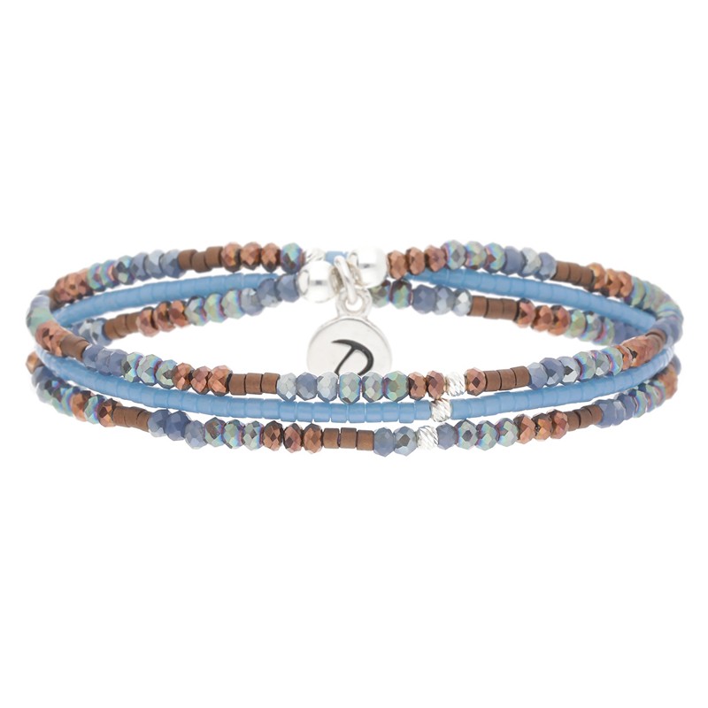 Bracelet multi tours élastiqué OLINDA argent & Perles bleues choco - DORIANE Bijoux