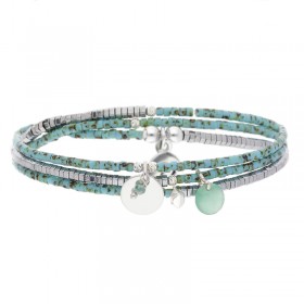 Bracelet multi tours élastiqué PASTILLE argent - Perles vertes & Hématites - DORIANE Bijoux