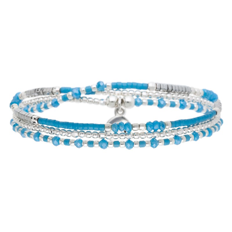 Bracelet 3 tours élastiqué SANTA-GIULIA argent - Perles bleues DORIANE