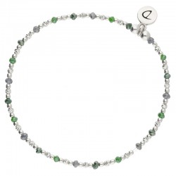 Bracelet fin élastiqué MAYOTTE argent - Perles de verre gris & vert kaki  DORIANE Bijoux