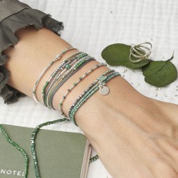 Bracelet fin élastiqué MAYOTTE argent - Perles de verre gris & vert kaki TAILLE S