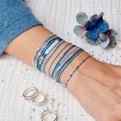 Bracelet fin élastiqué IBIZA argent - Perles de Verres bleu bronze TAILLE M