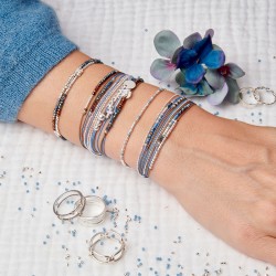 Bracelet double tours élastique CANDY Bleu choco - Perles ciselées argent TAILLE M