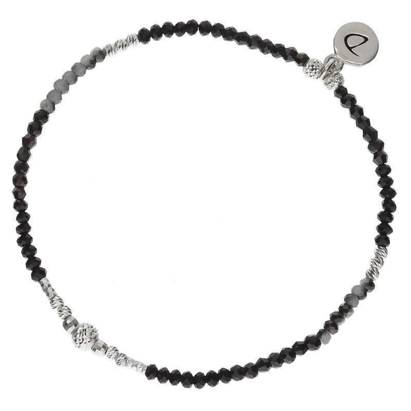 Bracelet fin élastiqué KANDY argent - Perles grises noires & Perle diamantée - DIORANE Bijoux Bracelet fin élastiqué KANDY argent - Perles grises noires & Perle diamantée - DIORANE Bijoux
