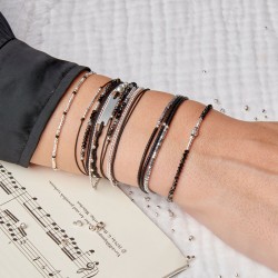 Bracelet fin élastiqué KANDY NOIR argent - Perle ciselée diamantée TAILLE S