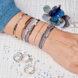 Bracelet multi tours élastiqué SPRING argent - Perles bleues & Hématites TAILLE M