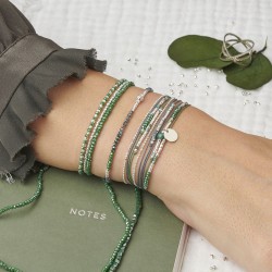 Bracelet fin élastiqué KANDY Gris Vert kaki - Perle diamantée argent TAILLE M
