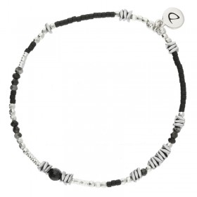 Bracelet fin élastiqué PIGNA argent - Miyukis noires & Hématites - DORIANE Bijoux