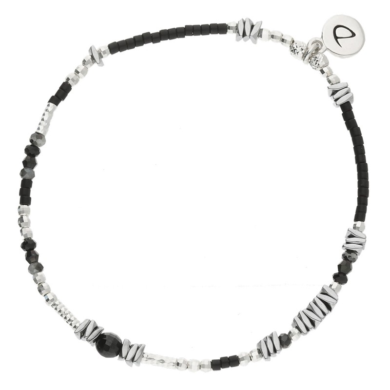 Bracelet fin élastiqué PIGNA argent - Miyukis noires & Hématites - DORIANE Bijoux