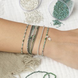 Bracelet fin élastiqué SOLENZARA argent - Miyukis vert kaki & Hématites TAILLE S
