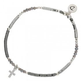 Bracelet fin élastiqué CROIX Zircons argent - Perles grises & Hématites - DORIANE Bijoux