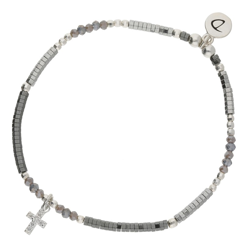 Bracelet fin élastiqué CROIX Zircons argent - Perles grises & Hématites - DORIANE Bijoux Bracelet fin élastiqué CROIX Zircons argent - Perles grises & Hématites - DORIANE Bijoux