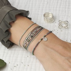 Bracelet fin élastique PASTILLE argent - Perles gris & vert kaki TAILLE L