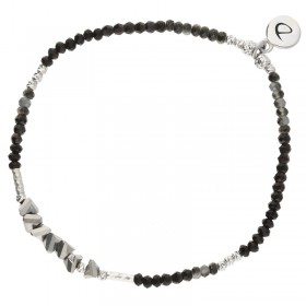 Bracelet fin élastiqué SALEMA argent - Perles grises noires & Cristaux pyramides - DORIANE Bijoux