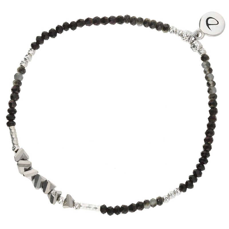 Bracelet fin élastiqué SALEMA argent - Perles grises noires & Cristaux pyramides - DORIANE Bijoux