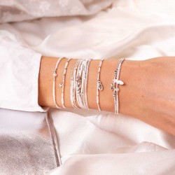 Bracelet fin élastiqué MYKONOS argent & Perles blanches TAILLE M